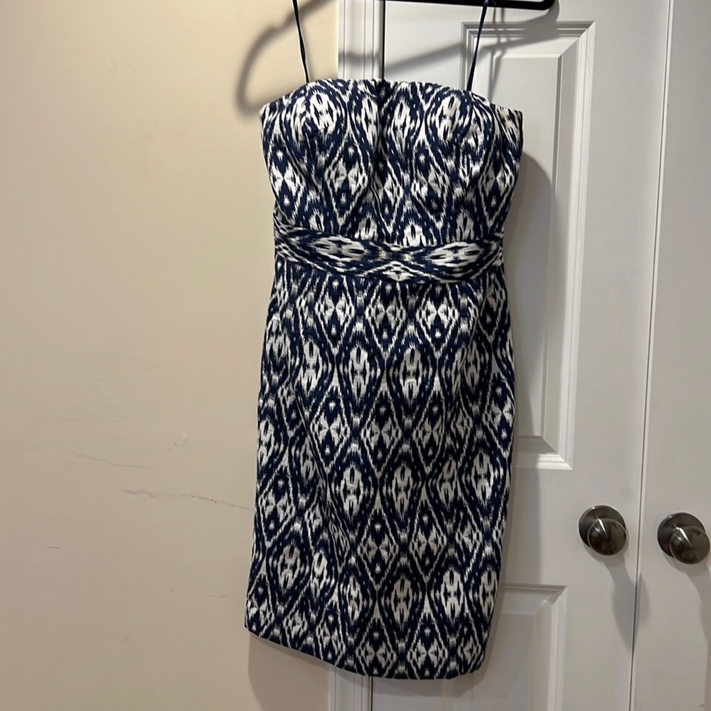 Size 4 Navy and Cream Strapless Dress from Banana Republic.